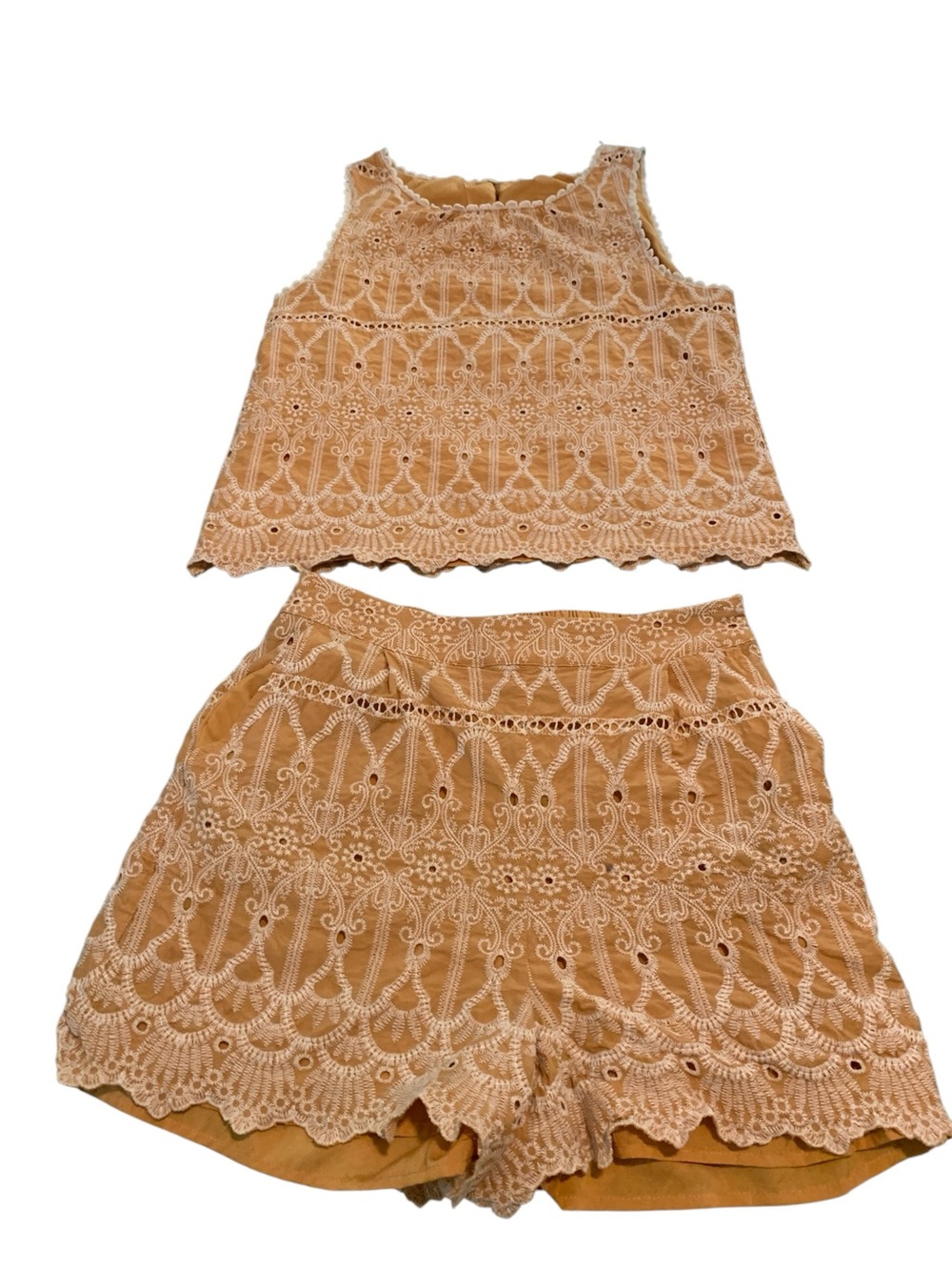 Skies Are Blue Lace Mustard Yellow Eyelet 2-Piece Crop Tank and Shorts Set Small